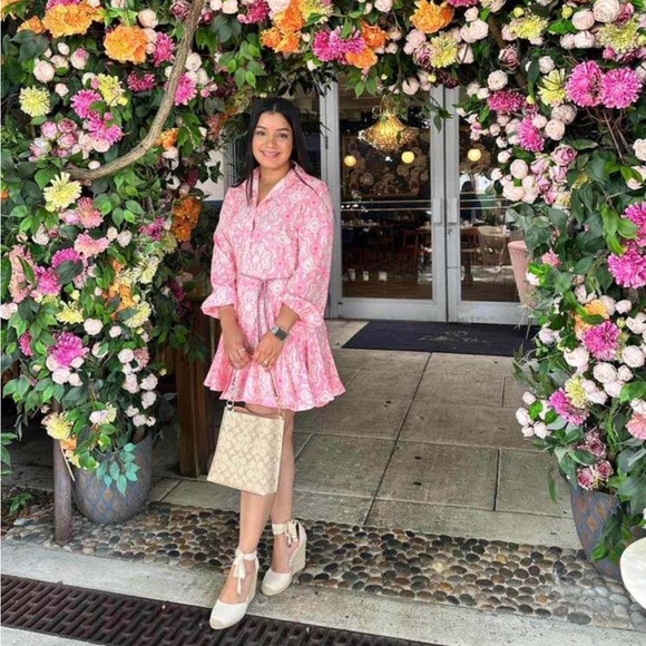 Pink Belted Button Front Long Sleeve Flared Short Dress - Picture 12 of 16